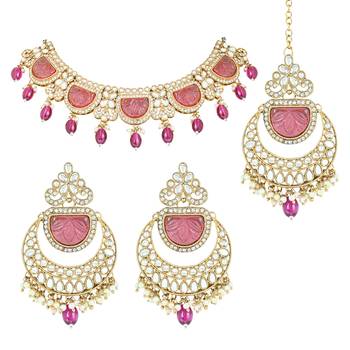 traditional pearl kundan & stone studded jewellery necklace set with maang tikka for women  2