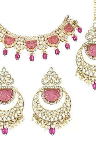 traditional pearl kundan & stone studded jewellery necklace set with maang tikka for women 