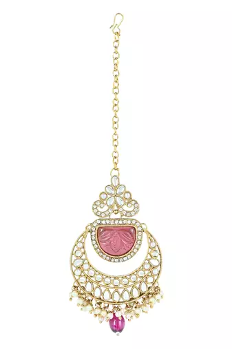 traditional pearl kundan & stone studded jewellery necklace set with maang tikka for women 