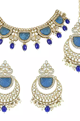 traditional pearl kundan & stone studded jewellery necklace set with maang tikka for women 