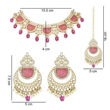traditional pearl kundan & stone studded jewellery necklace set with maang tikka for women  5