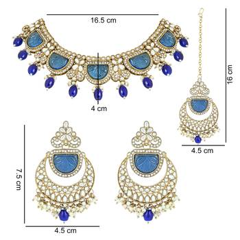 traditional pearl kundan & stone studded jewellery necklace set with maang tikka for women  5