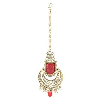 traditional pearl kundan & stone studded jewellery necklace set with maang tikka for women  4
