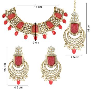 traditional pearl kundan & stone studded jewellery necklace set with maang tikka for women  5