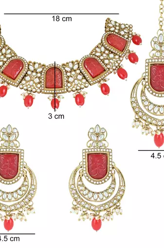traditional pearl kundan & stone studded jewellery necklace set with maang tikka for women 