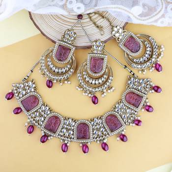traditional kundan pearl choker necklace jewellery set for women/girls (k7234) (purple) 1