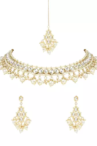 traditional kundan necklace jewellery with earrings & maang tikka set for women and girls 