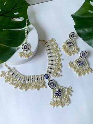 traditional pearl kundan meenakari necklace with earring maang tikka set for women and girls  1