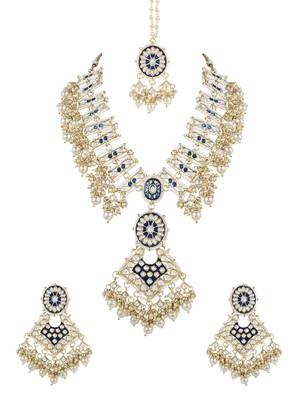 traditional pearl kundan meenakari necklace with earring maang tikka set for women and girls  2