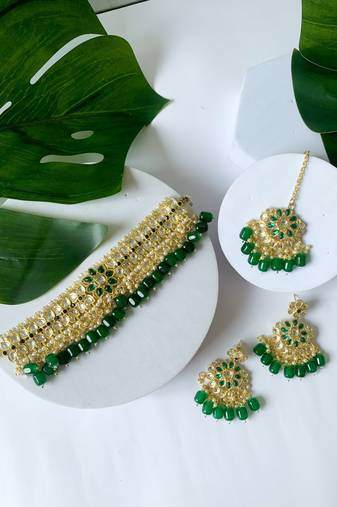 traditional kundan studded pearl hanging choker necklace jewellery set
