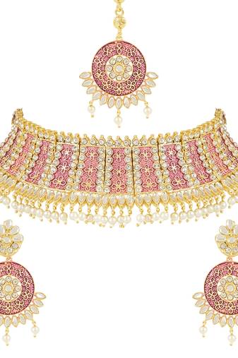 traditional stone studded meenakari choker necklace jewellery set