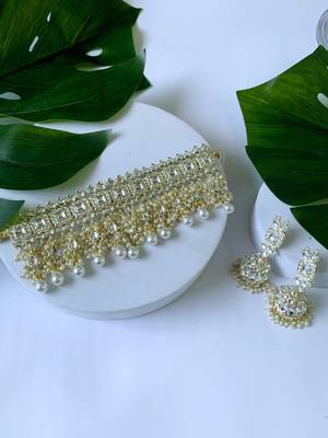 traditional white kundan & stone handcrafted pearl hanging bridal choker necklace jewellery set 1