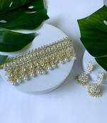 traditional white kundan & stone handcrafted pearl hanging bridal choker necklace jewellery set