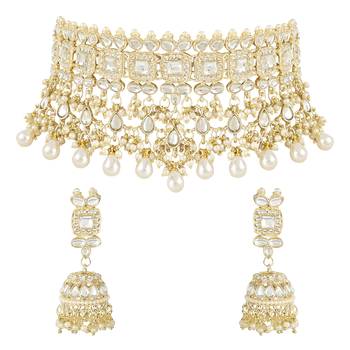 traditional white kundan & stone handcrafted pearl hanging bridal choker necklace jewellery set 2