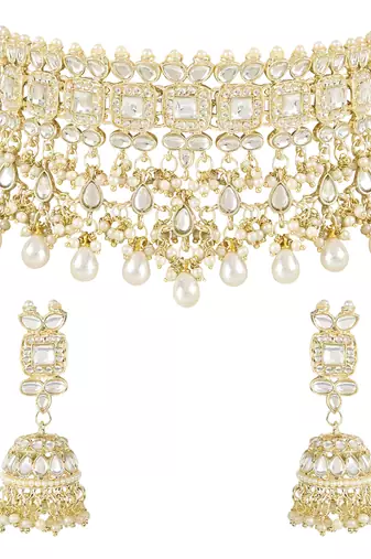 traditional white kundan & stone handcrafted pearl hanging bridal choker necklace jewellery set