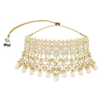 traditional white kundan & stone handcrafted pearl hanging bridal choker necklace jewellery set 3