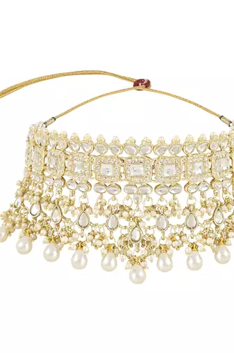traditional white kundan & stone handcrafted pearl hanging bridal choker necklace jewellery set