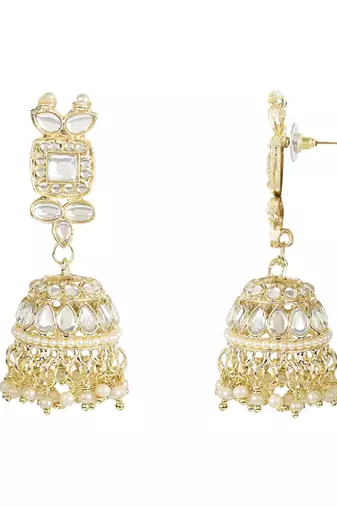 traditional white kundan & stone handcrafted pearl hanging bridal choker necklace jewellery set