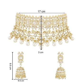 traditional white kundan & stone handcrafted pearl hanging bridal choker necklace jewellery set 5