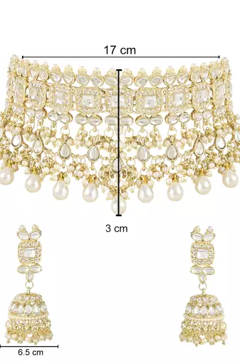 traditional white kundan & stone handcrafted pearl hanging bridal choker necklace jewellery set