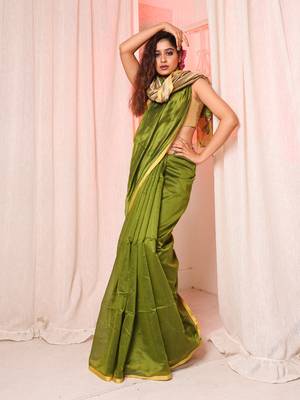 Light green cotton silk handloom saree with unstiched blouse piece 1