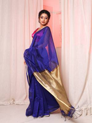 Blue cotton silk handloom saree with unstiched blouse piece 1
