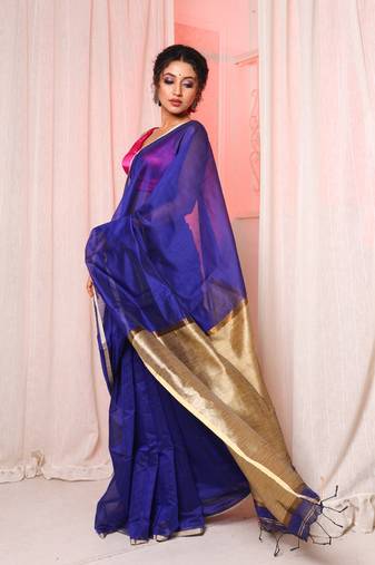 Blue cotton silk handloom saree with unstiched blouse piece