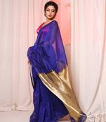 Blue cotton silk handloom saree with unstiched blouse piece