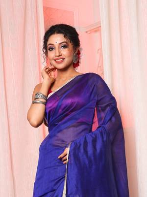Blue cotton silk handloom saree with unstiched blouse piece 2
