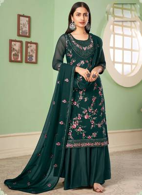 Dark green georgette embroidery designer sharara suit 1