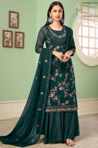Dark green georgette embroidery designer sharara suit