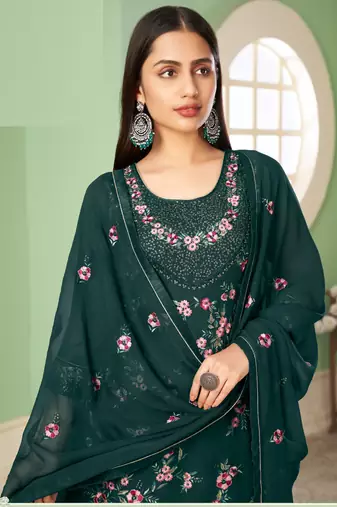Dark green georgette embroidery designer sharara suit