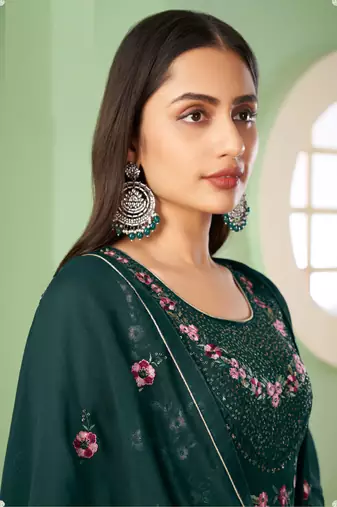 Dark green georgette embroidery designer sharara suit