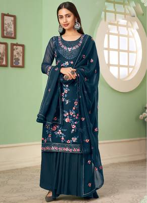 Blue georgette embroidery designer sharara suit 1