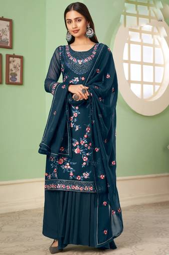 Blue georgette embroidery designer sharara suit
