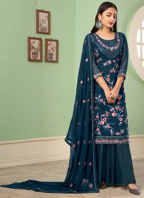 Blue georgette embroidery designer sharara suit 2
