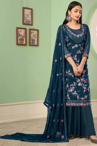 Blue georgette embroidery designer sharara suit
