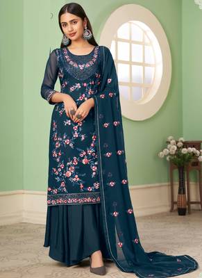 Blue georgette embroidery designer sharara suit 3