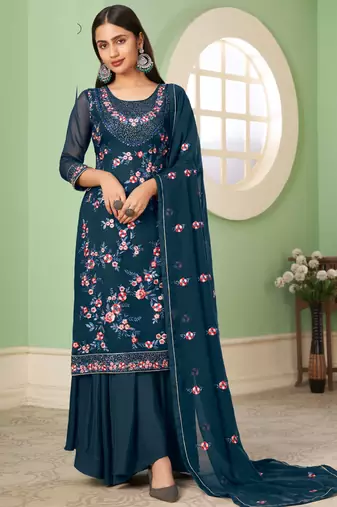 Blue georgette embroidery designer sharara suit