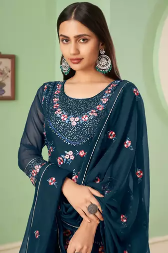 Blue georgette embroidery designer sharara suit