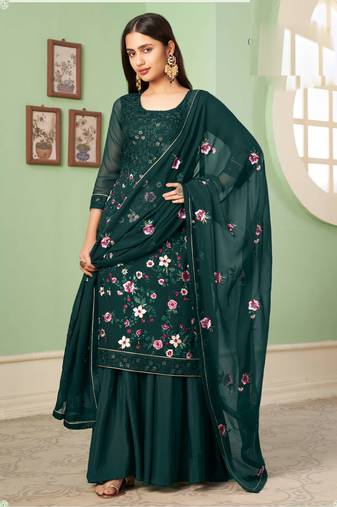 Dark green georgette embroidery designer sharara suit