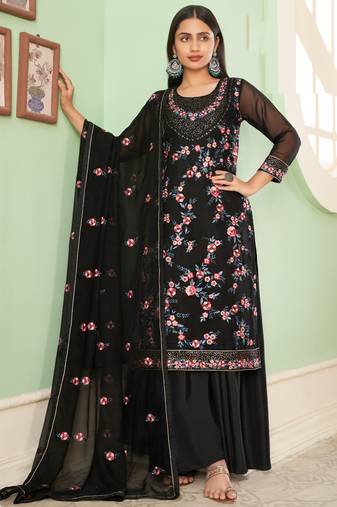 Black georgette embroidery designer sharara suit