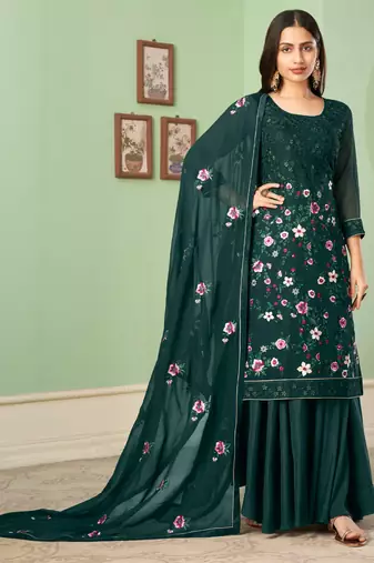 Dark green georgette embroidery designer sharara suit