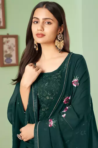 Dark green georgette embroidery designer sharara suit