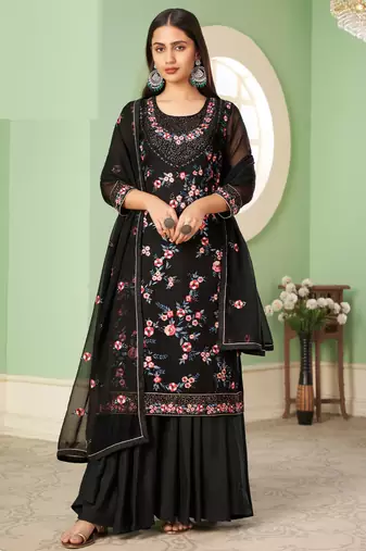 Black georgette embroidery designer sharara suit