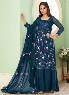 Royal blue georgette embroidery designer sharara suit 1