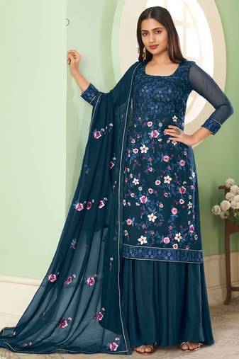 Royal blue georgette embroidery designer sharara suit