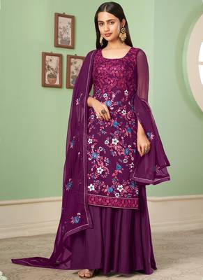 Violet georgette embroidery designer sharara suit 1