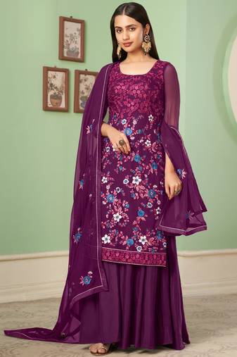 Violet georgette embroidery designer sharara suit