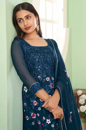 Royal blue georgette embroidery designer sharara suit